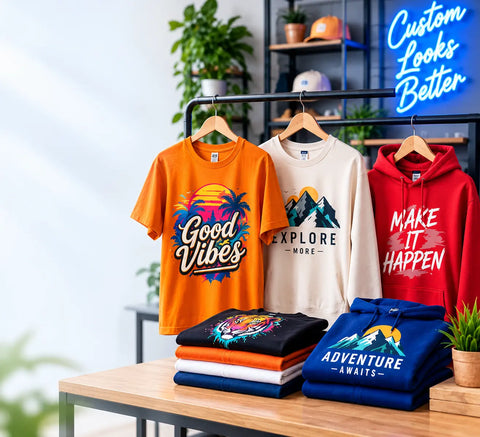 Custom printed t-shirts and hoodies with graphic designs on display for custom apparel branding